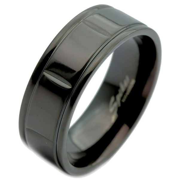8mm Titanium Black Plated Boxed Groove Wedding Band Ring 